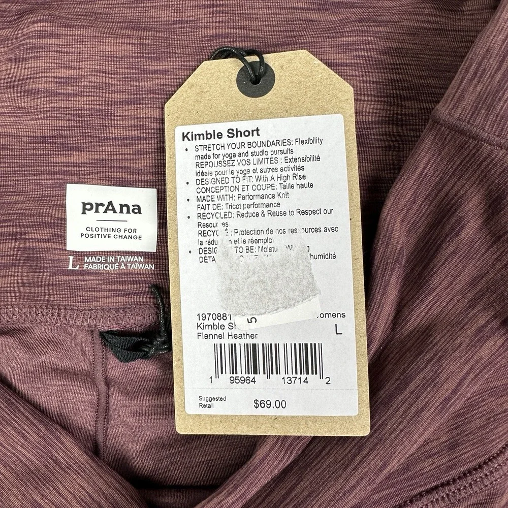 Prana Kimble‎ Shorts Womens Large Flannel Heather Biker Yoga Athletic Gym NEW